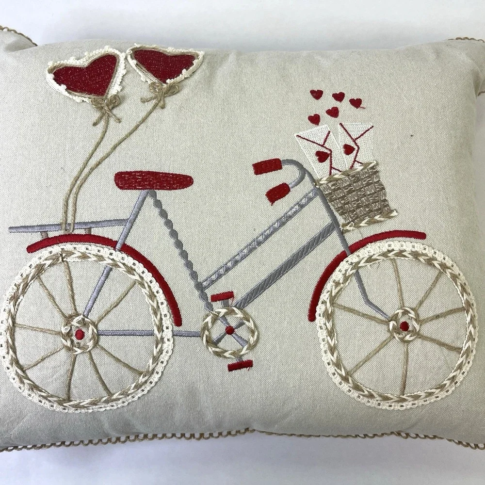 Embroidered Pillow‎ Bicycle Fringe Hearts Beige/Red 18x14x6 Cottagecore